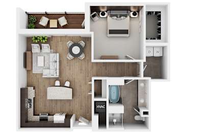 A top-down view of a small apartment layout with a kitchen, living room, and bathroom.