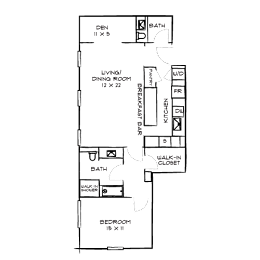 A floor plan of a house with a den, dining room, kitchen, living room, and two bathrooms.