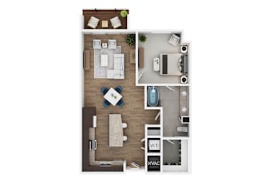 A top-down view of a room with a kitchen, living room, and bathroom.