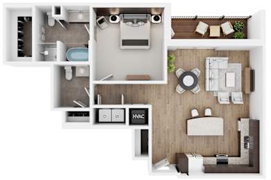 A top-down view of a modern bathroom and living room layout.