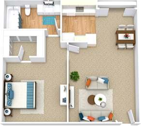 A top down view of a living room, dining room, kitchen, and bathroom.