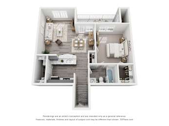 A 3D floor plan of a house with a kitchen, living room, dining room, and bathrooms.