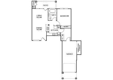 A floor plan of a house with a garage and a patio.