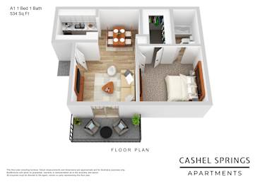 A floor plan for a 534 square foot apartment with one bed and one bath.