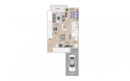 A floor plan of a house with a garage and a car.