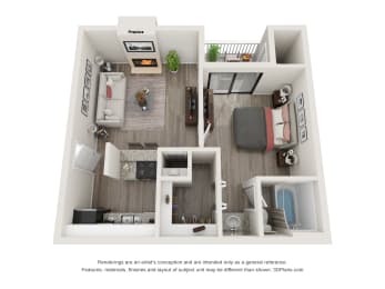 a 1 bedroom floorplan is shown with a bedroom and living room