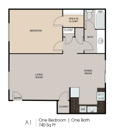 a floor plan of one bedroom apartment with one bathroom