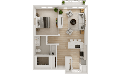 A 3D floor plan of a small apartment with a kitchen, living room, and bathroom.