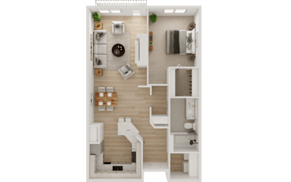 A top-down view of a small apartment with a kitchen, living room, and bathroom.