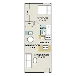 A floor plan of a small apartment with a bedroom, living room, kitchen, and dining room.