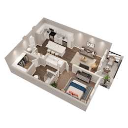 A 3D floor plan of a house with a living room, kitchen, dining room, and bedrooms.