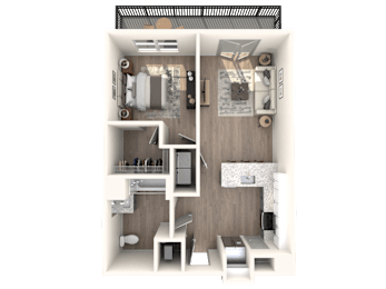 A 3D floor plan of a small apartment with a kitchen, living room, and bathroom.