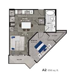 A floor plan of a 2 bedroom apartment with a living room, kitchen, bathroom and balcony.