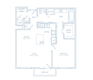 A floor plan of a small apartment with a living room, dining room, kitchen, bathroom, and bedroom.