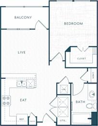 A floor plan of a home with a balcony, bedroom, living room, eat in kitchen, bathroom and laundry.