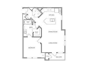 A floor plan of a house with a kitchen, dining area, bedroom, living room, and bathroom.