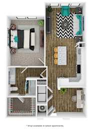 A floor plan of an apartment with a living room, kitchen, and bathroom.