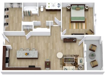 A top down view of a living room with a couch, coffee table, and television.