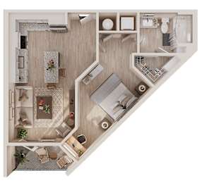 A top-down view of a small apartment with a kitchen, living room, and bathroom.