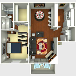 A top-down view of a modern apartment layout with a kitchen, living room, and bathroom.
