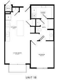 A black and white image of a floor plan for a one bedroom apartment.