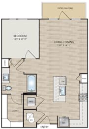 A floor plan of a home with a bedroom, living/dining area, and a patio/balcony.