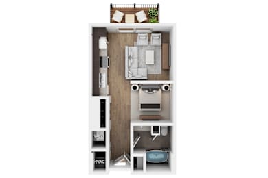 A floor plan of a small apartment with a kitchen, living room, and bathroom.