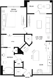 A floor plan of a house with a living room, dining room, kitchen, and bathrooms.