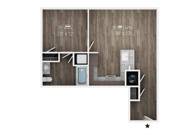 A floor plan of a room with a kitchen, living room, and bathroom.