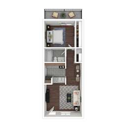 A top-down view of a small apartment with a kitchen, living room, and bathroom.