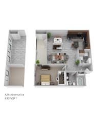 A 3D floor plan of a small apartment with a loft area.