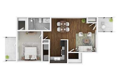 A top-down view of a modern apartment layout with a kitchen, living room, and bedroom.