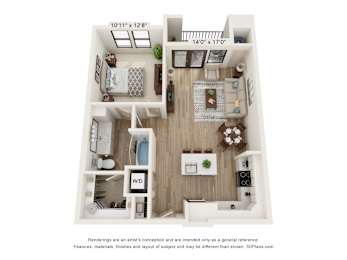 A 3D floor plan of a small apartment with a kitchen, living room, and bathroom.