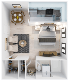 a floor plan of a studio apartment with a bedroom and a bathroom