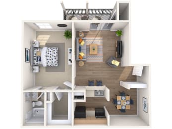the living room of this apartment is spacious and has a wood floor