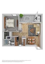 A floor plan of a small apartment with a bedroom, living room, kitchen, and bathroom.
