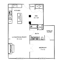 A floor plan of a house with a kitchen, living room, dining room, bedroom, and bathroom.