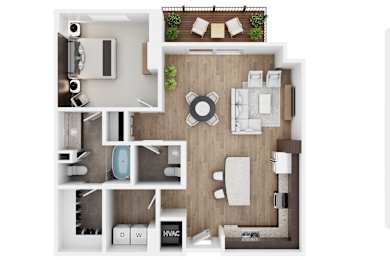 A top-down view of a well-organized apartment with a kitchen, living room, and bathroom.