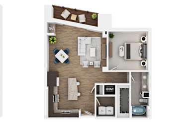 A floor plan of a room with a bar, a kitchen, a living room, a bathroom, and a bed.