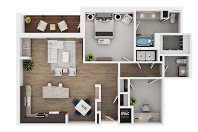 A top-down view of a house layout with a bar, living room, dining area, kitchen, and bathroom.