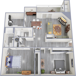 a 3d rendering of our 1 bedroom apartment at princeton court apartments in dallas