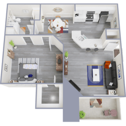 a top down view of a bedroom and living room