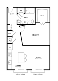 A floor plan of a Juliette Balcony apartment with a living room, kitchen, bathroom, and bedroom.