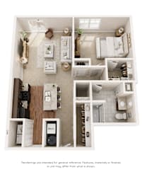 A top-down view of a well-organized apartment with a kitchen, living room, and bathroom.