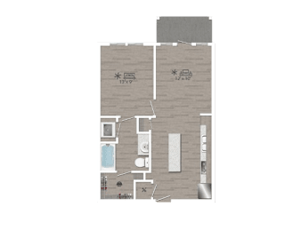 A floor plan of a room with a kitchen, living room, and bathroom.