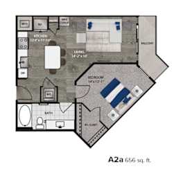 A floor plan of an apartment with a living room, kitchen, bathroom, and bedroom.