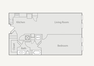 A floor plan of a small apartment with a kitchen, living room, bedroom, and bathroom.
