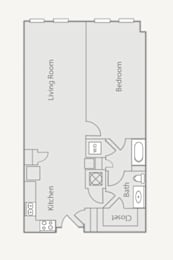 A floor plan of a small apartment with a living room, kitchen, and bathroom.