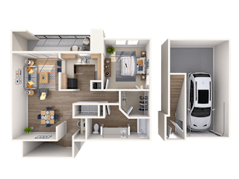 A 3D floor plan of a small apartment with a kitchen, living room, and bedroom.