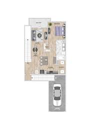 A floor plan of a house with a garage and a car.
